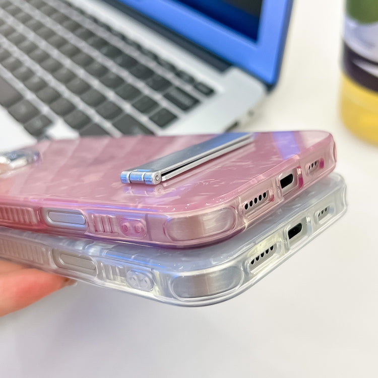 For iPhone 16 Pro Max Plating Glitter Texture Fold Holder TPU Phone Case with Lens Film(Purple Water Ripples) - iPhone 16 Pro Max Cases by buy2fix | Online Shopping UK | buy2fix