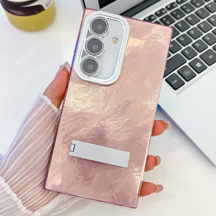 For Samsung Galaxy S25 5G Plating Glitter Texture Fold Holder TPU Phone Case with Lens Film(Pink Tinfoil Texture) - Galaxy S25 5G Cases by buy2fix | Online Shopping UK | buy2fix