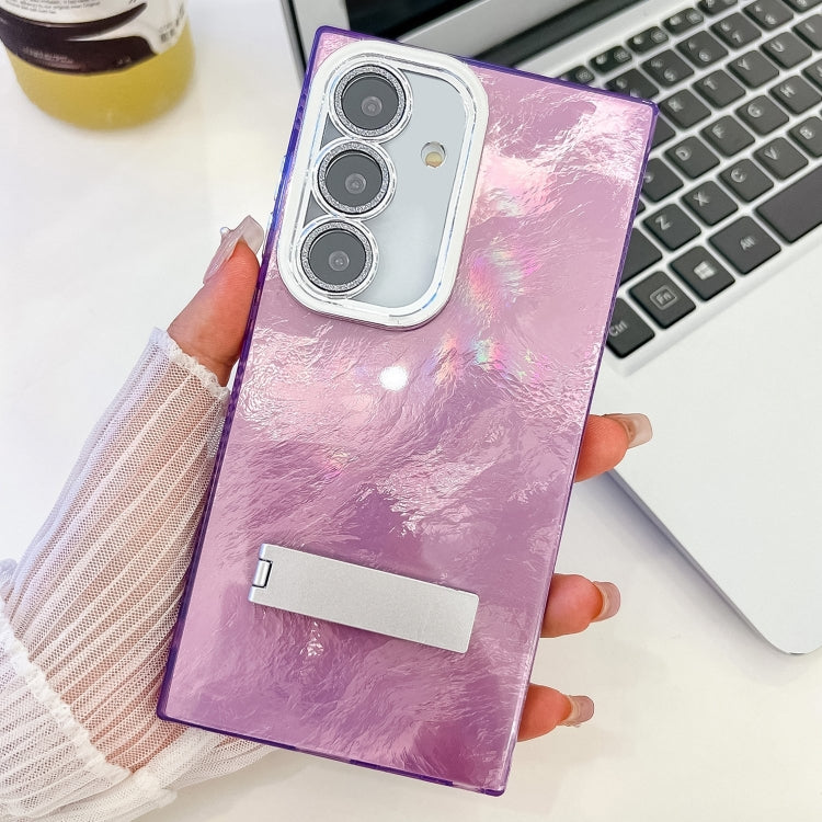 For Samsung Galaxy S25 5G Plating Glitter Texture Fold Holder TPU Phone Case with Lens Film(Purple Tinfoil Texture) - Galaxy S25 5G Cases by buy2fix | Online Shopping UK | buy2fix