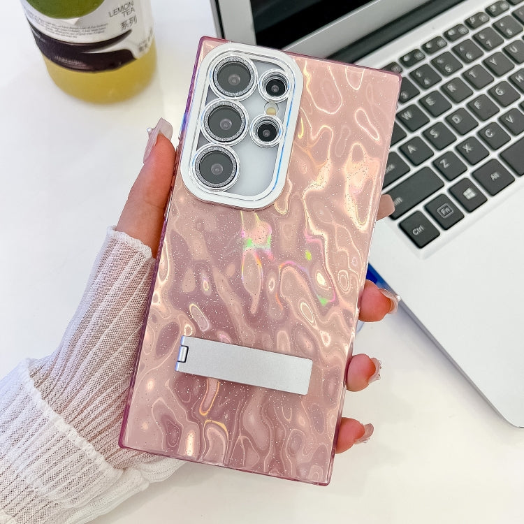 For Samsung Galaxy S25 Ultra 5G Plating Glitter Texture Fold Holder TPU Phone Case with Lens Film(Pink Wrinkles) - Galaxy S25 Ultra 5G Cases by buy2fix | Online Shopping UK | buy2fix