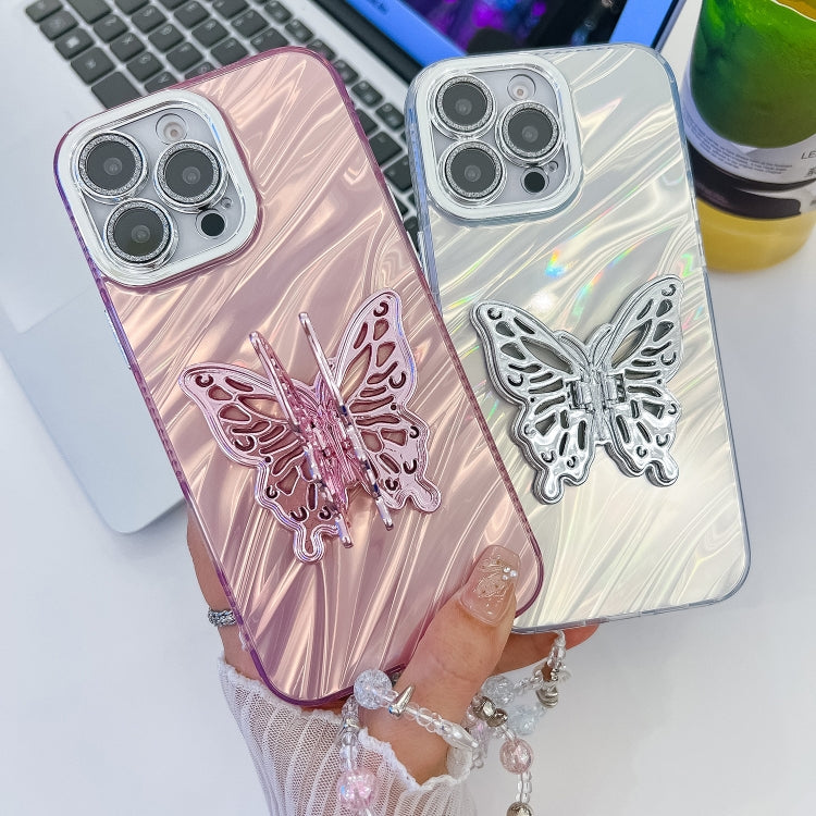 For iPhone 16 Plating Glitter Lens Film Texture Butterfly Holder Wristband Phone Case(White Feathers) - iPhone 16 Cases by buy2fix | Online Shopping UK | buy2fix