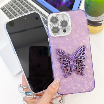 For iPhone 16 Pro Max Plating Glitter Lens Film Texture Butterfly Holder Wristband Phone Case(Purple Feathers) - iPhone 16 Pro Max Cases by buy2fix | Online Shopping UK | buy2fix