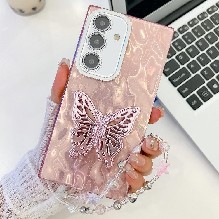 For Samsung Galaxy S25 5G Plating Glitter Lens Film Texture Butterfly Holder Wristband Phone Case(Pink Tinfoil Texture) - Galaxy S25 5G Cases by buy2fix | Online Shopping UK | buy2fix