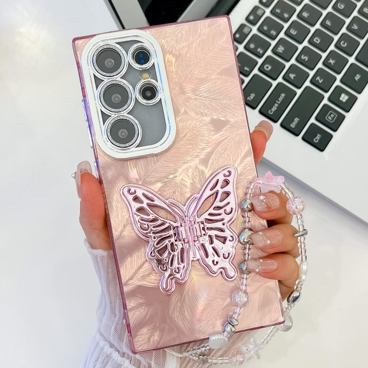 For Samsung Galaxy S25 Ultra 5G Plating Glitter Lens Film Texture Butterfly Holder Wristband Phone Case(Pink Feathers) - Galaxy S25 Ultra 5G Cases by buy2fix | Online Shopping UK | buy2fix