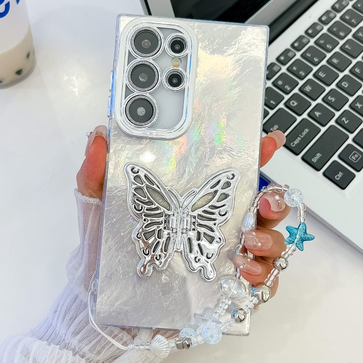 For Samsung Galaxy S25 Ultra 5G Plating Glitter Lens Film Texture Butterfly Holder Wristband Phone Case(White Tinfoil Texture) - Galaxy S25 Ultra 5G Cases by buy2fix | Online Shopping UK | buy2fix