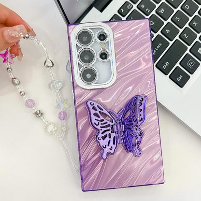 For Samsung Galaxy S25 5G Plating Glitter Lens Film Texture Butterfly Holder Wristband Phone Case(White Tinfoil Texture) - Galaxy S25 5G Cases by buy2fix | Online Shopping UK | buy2fix