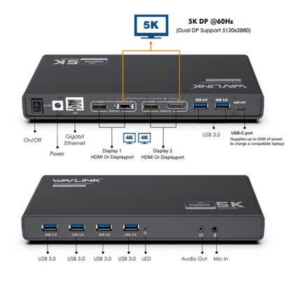 WAVLINK UG69PD6 Dual 4K Laptop Docking Station 5K HD Displaylink 65 / 100W PD Charging, Plug:UK Plug -  by WAVLINK | Online Shopping UK | buy2fix