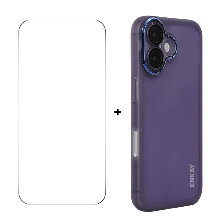 For iPhone 16 ENKAY Hat-Prince Translucent Matte TPU Phone Case with Lens Film + 9H Big Arc Edge Film(Purple) - iPhone 16 Cases by ENKAY | Online Shopping UK | buy2fix