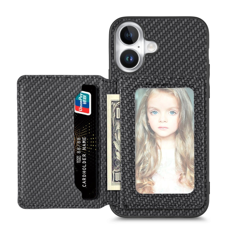 For iPhone 16 Plus Carbon Fiber Magnetic Card Wallet RFID Blocking Phone Case(Black) - iPhone 16 Plus Cases by buy2fix | Online Shopping UK | buy2fix