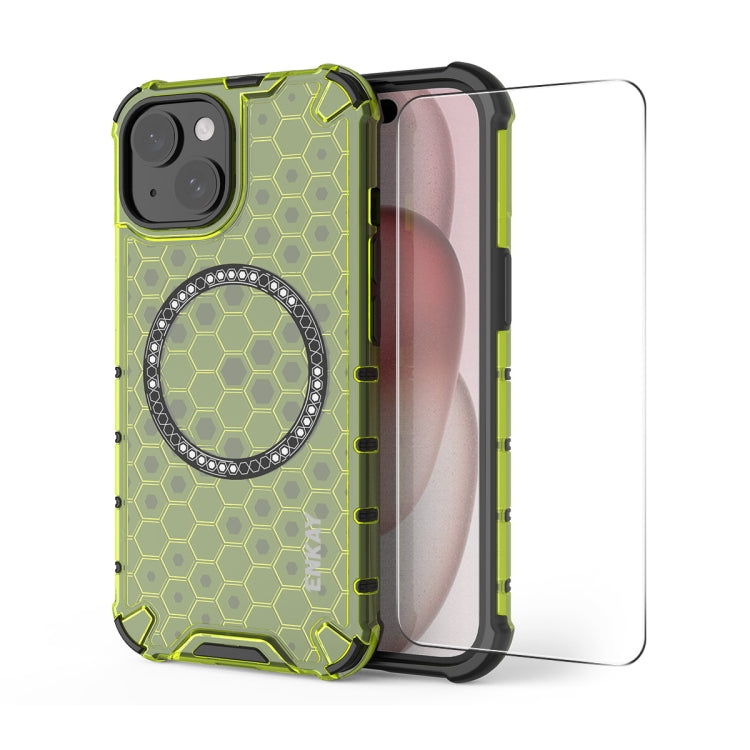 For iPhone 14 ENKAY Hat-Prince Honeycomb MagSafe Shockproof Phone Case with Large Arc Edge Film(Green) - iPhone 14 Cases by ENKAY | Online Shopping UK | buy2fix