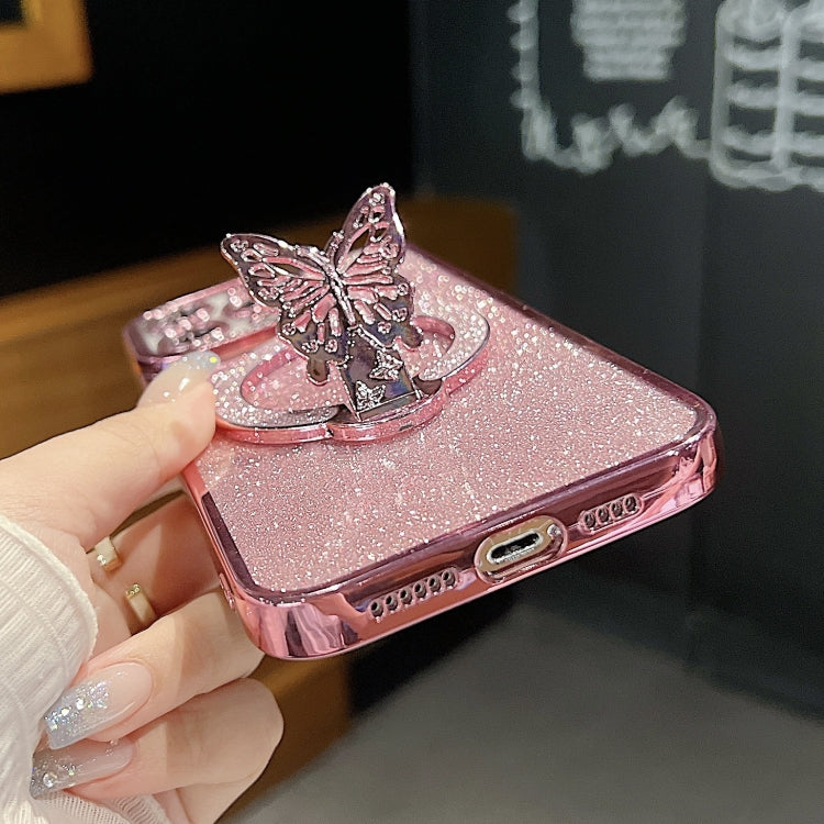 For iPhone 16 Pro Plating Glitter Butterfly Holder Phone Case(Pink) - iPhone 16 Pro Cases by buy2fix | Online Shopping UK | buy2fix