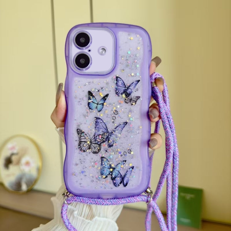 For iPhone 16 Crossbody Wave Edge Butterfly TPU Phone Case(Purple) - iPhone 16 Cases by buy2fix | Online Shopping UK | buy2fix