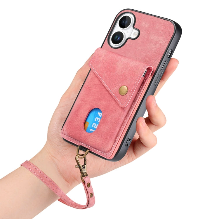 For iPhone 16 Retro Card Wallet Fold Leather Phone Case with Strap(Pink) - iPhone 16 Cases by buy2fix | Online Shopping UK | buy2fix