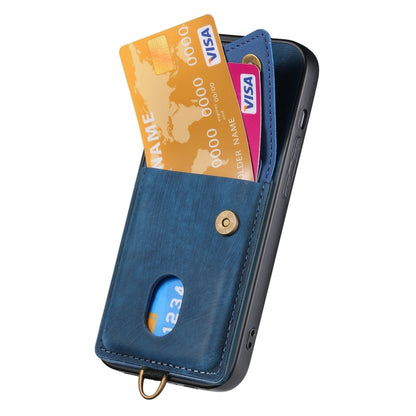 For iPhone 16 Plus Retro Card Wallet Fold Leather Phone Case with Strap(Blue) - iPhone 16 Plus Cases by buy2fix | Online Shopping UK | buy2fix