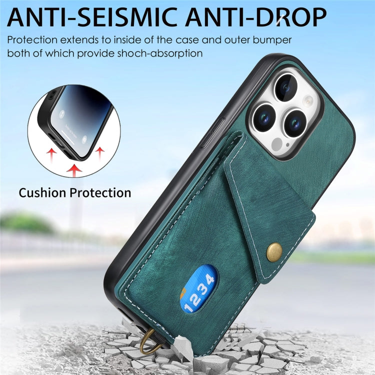 For iPhone 16 Pro Retro Card Wallet Fold Leather Phone Case with Strap(Green) - iPhone 16 Pro Cases by buy2fix | Online Shopping UK | buy2fix