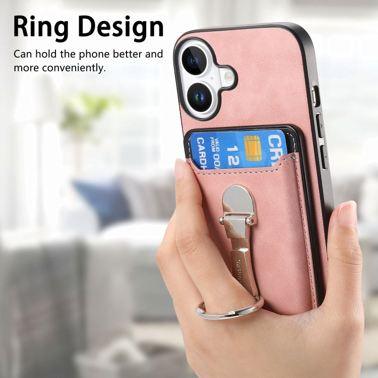 For iPhone 16 Plus Retro Folding Ring Holder Card Bag MagSafe Phone Case(Pink) - iPhone 16 Plus Cases by buy2fix | Online Shopping UK | buy2fix