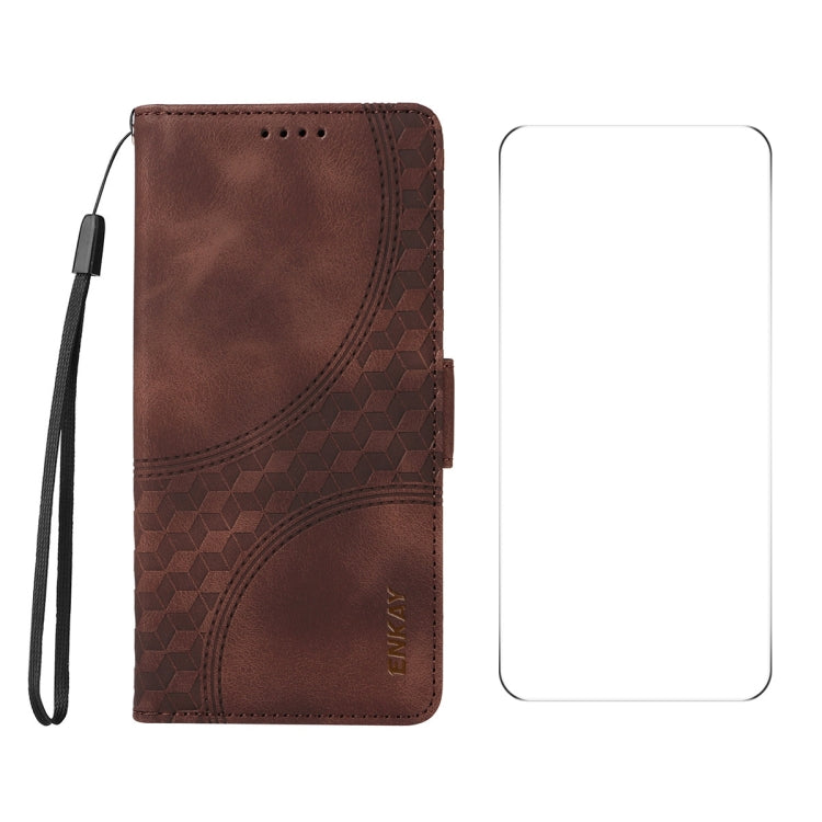 For OPPO Reno12 F 4G Global ENKAY Embossed Rhombus Starry Leather Phone Case with Screen Film(Brown) - Reno12 F Cases by ENKAY | Online Shopping UK | buy2fix