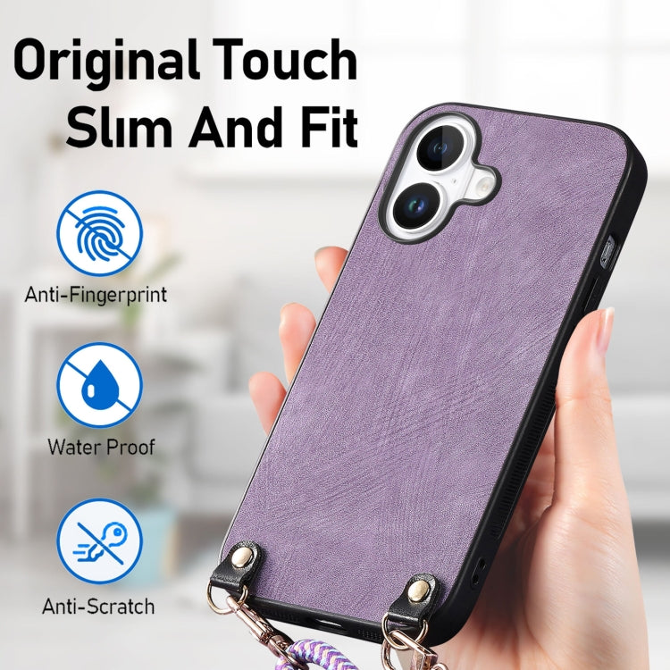 For iPhone 16 Plus Vintage Leather PC Back Cover Phone Case with Crossbody Strap(Purple) - iPhone 16 Plus Cases by buy2fix | Online Shopping UK | buy2fix