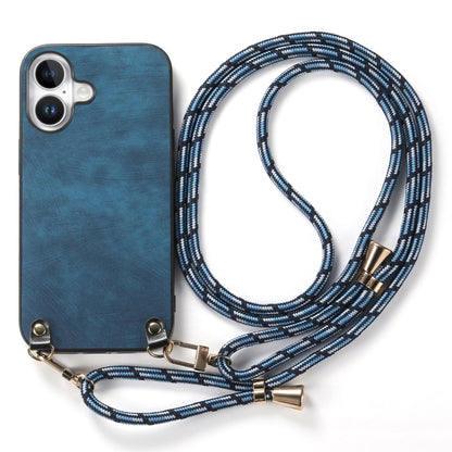 For iPhone 16 Vintage Leather PC Back Cover Phone Case with Crossbody Strap(Blue) - iPhone 16 Cases by buy2fix | Online Shopping UK | buy2fix