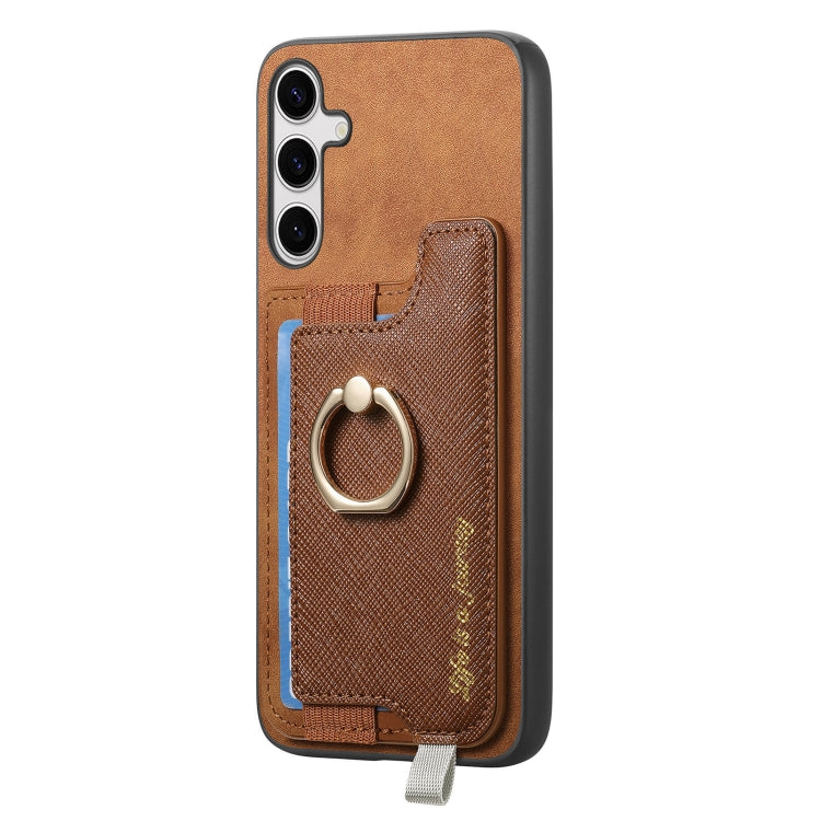 For Samsung Galaxy S25+ 5G Retro Cross Leather Ring Horizontal Insert Card Bag MagSafe Phone Case(Brown) - Galaxy S25+ 5G Cases by buy2fix | Online Shopping UK | buy2fix