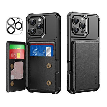 For iPhone 16 Pro ENKAY Hat-Prince Card Slot Wallet TPU Back Leather Phone Case with Lens Film(Black) - iPhone 16 Pro Max Cases by ENKAY | Online Shopping UK | buy2fix