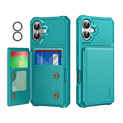 For iPhone 16 Plus ENKAY Hat-Prince Card Slot Wallet TPU Back Leather Phone Case with Lens Film(Cyan) - iPhone 16 Plus Cases by ENKAY | Online Shopping UK | buy2fix