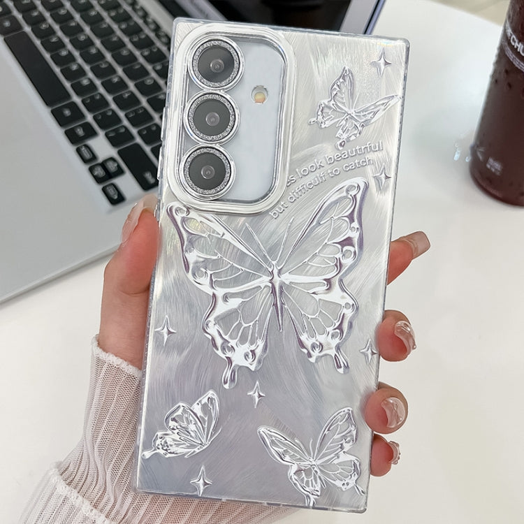 For Samsung Galaxy S25 5G Plating Texture Butterfly TPU Phone Case with Glitter Lens Film(Silver Butterflies HU6) - Galaxy S25 5G Cases by buy2fix | Online Shopping UK | buy2fix