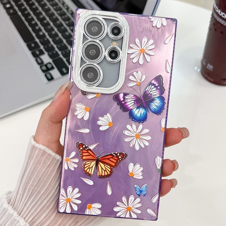 For Samsung Galaxy S25 Ultra 5G Plating Texture Butterfly TPU Phone Case with Glitter Lens Film(Daisy Butterflies HU2) - Galaxy S25 Ultra 5G Cases by buy2fix | Online Shopping UK | buy2fix