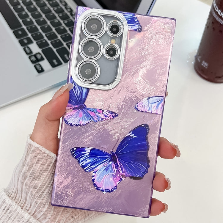 For Samsung Galaxy S25 Ultra 5G Plating Texture Butterfly TPU Phone Case with Glitter Lens Film(Purple Butterflies HU4) - Galaxy S25 Ultra 5G Cases by buy2fix | Online Shopping UK | buy2fix