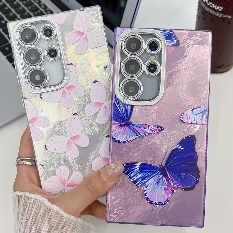 For Samsung Galaxy S25 5G Plating Texture Butterfly TPU Phone Case with Glitter Lens Film(Flowers Butterflies HU1) - Galaxy S25 5G Cases by buy2fix | Online Shopping UK | buy2fix