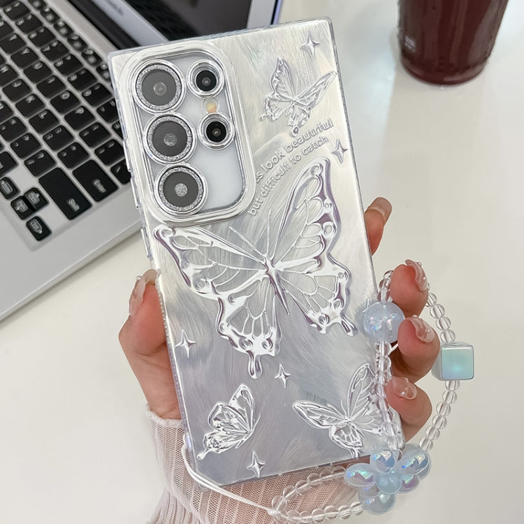 For Samsung Galaxy S25 Ultra 5G Plating Texture Butterfly Wristband TPU Phone Case with Glitter Lens Film(Silver Butterflies HU6) - Galaxy S25 Ultra 5G Cases by buy2fix | Online Shopping UK | buy2fix