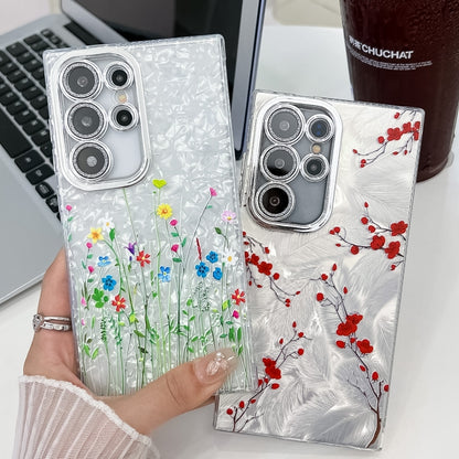 For Samsung Galaxy S25 Ultra 5G Electroplating Flower Texture TPU Phone Case(Red Plum Blossom SH2) - Galaxy S25 Ultra 5G Cases by buy2fix | Online Shopping UK | buy2fix