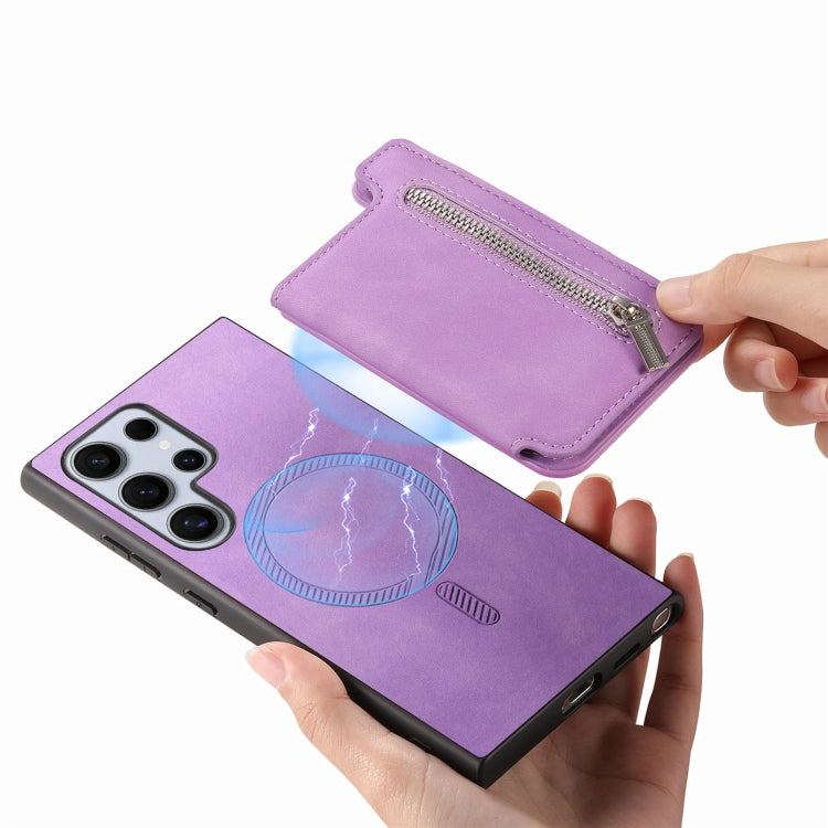 For Samsung Galaxy S25 Ultra 5G Retro MagSafe Zipper Wallet Card Bag Back Phone Case(Purple) - Galaxy S25 Ultra 5G Cases by buy2fix | Online Shopping UK | buy2fix