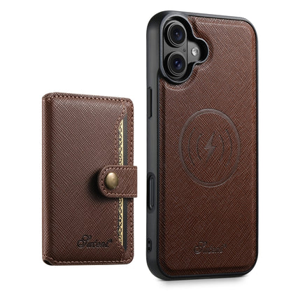 For iPhone 16 Plus Suteni H20 Cross-Grain MagSafe Horizontal Card Bag Back Phone Case(Brown) - iPhone 16 Plus Cases by Suteni | Online Shopping UK | buy2fix