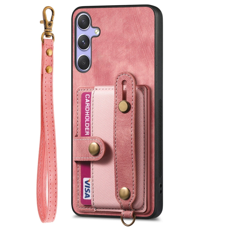 For Samsung Galaxy S25+ 5G Retro Cross Wristband Wallet Leather Back Phone Case(Pink) - Galaxy S25+ 5G Cases by buy2fix | Online Shopping UK | buy2fix