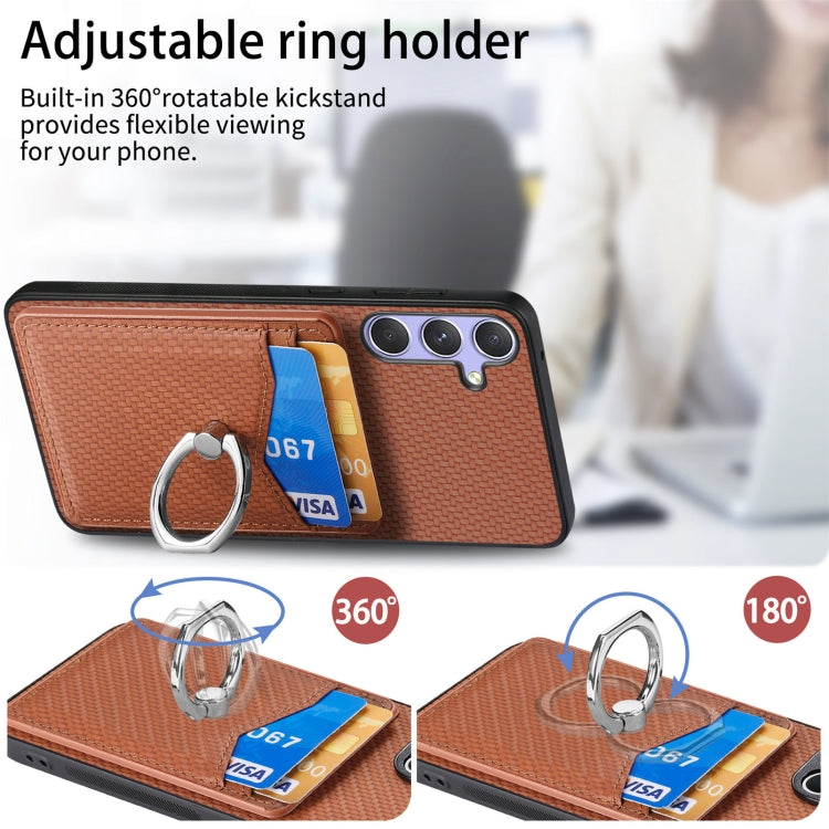 For Samsung Galaxy S25+ 5G Carbon Fiber Card Wallet Ring Phone Case(Khaki) - Galaxy S25+ 5G Cases by buy2fix | Online Shopping UK | buy2fix