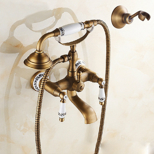 Antique Brass Wall Mounted Bathroom Tub Faucet Dual Ceramics Handles Telephone Style Hand Shower, Specification:Telephone Shower + Fixed Seat - Shower Head by buy2fix | Online Shopping UK | buy2fix