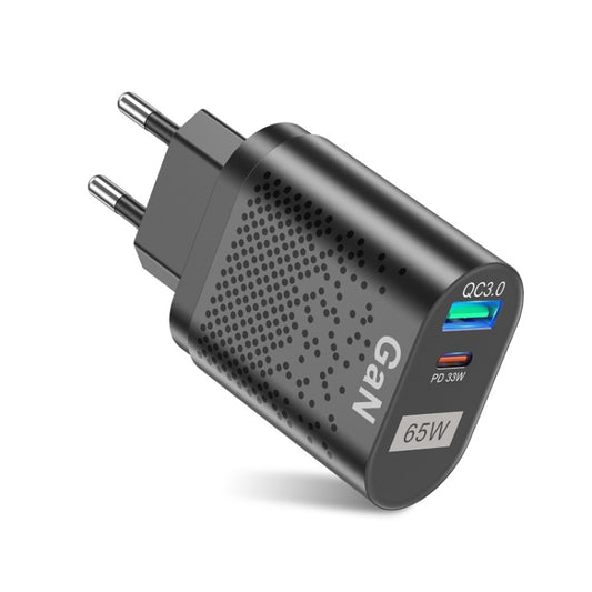 BK375-GaN EU Plug USB+Type-C 65W GaN Mobile Phone Charger PD Fast Charge Computer Adapter, Color: Black - USB Charger by buy2fix | Online Shopping UK | buy2fix