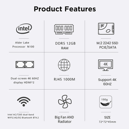 N100/DDR5 12th AlderLake-N100 Dual 4K60Hz Office And Home Mini PC, Spec: 12G+128G /UK Plug - Windows Mini PCs by buy2fix | Online Shopping UK | buy2fix