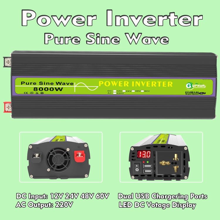 Gurxun 12V-220V 8000W Pure Sine Wave Inverter Car Single Digital Display Voltage Converter - Pure Sine Wave by Gurxun | Online Shopping UK | buy2fix