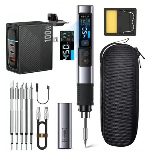 FNIRSI Portable Constant Temperature Soldering Iron Set, Model: HS-02A Upgrade 6 Head+C2C Line+100W US Plug+EU Adapter - Soldering Iron Set by FNIRSI | Online Shopping UK | buy2fix