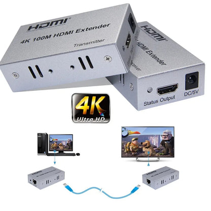 HDMI To RJ45 Single Ethernet Cable 100m Extender 4K HD Cable Signal Amplifier EU Plug(Silver) - Amplifier by buy2fix | Online Shopping UK | buy2fix