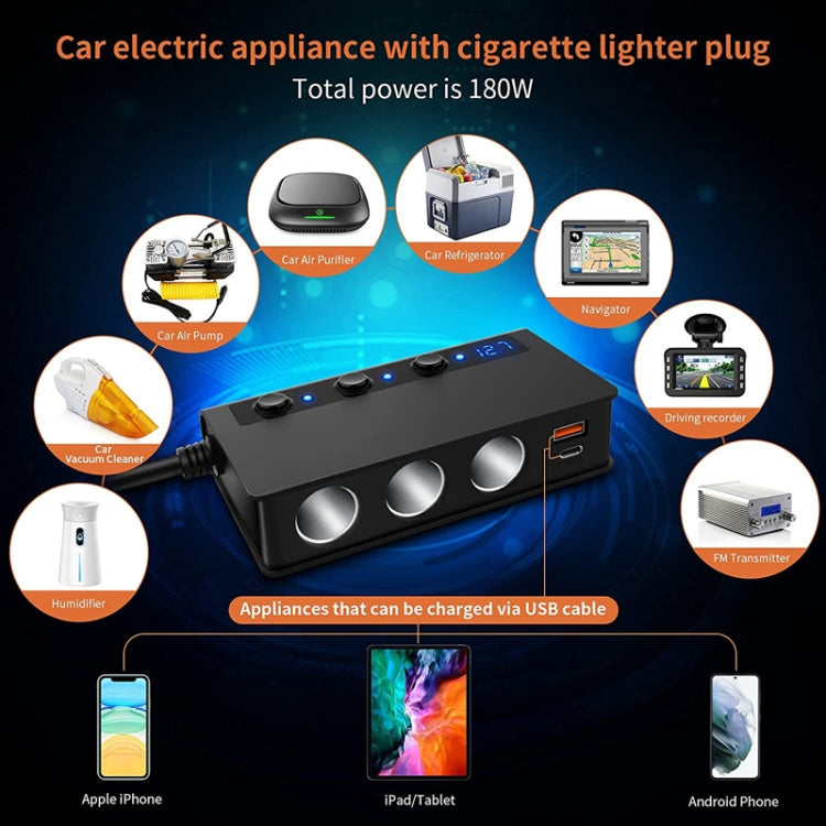 TR24 Car Cigarette Lighter One To Three With Switch 180W High Power Fast Charger(Black PD Version) - Cigar Socket by buy2fix | Online Shopping UK | buy2fix