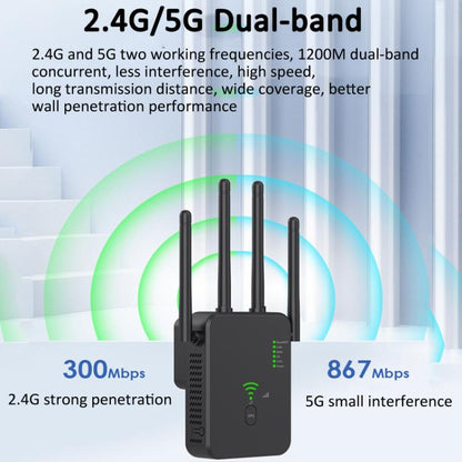 Urant U10 1200Mbps 2.4G & 5.8G Wireless Repeater WiFi Signal Amplifier With 4 Antenna UK Plug Black - Broadband Amplifiers by Urant | Online Shopping UK | buy2fix