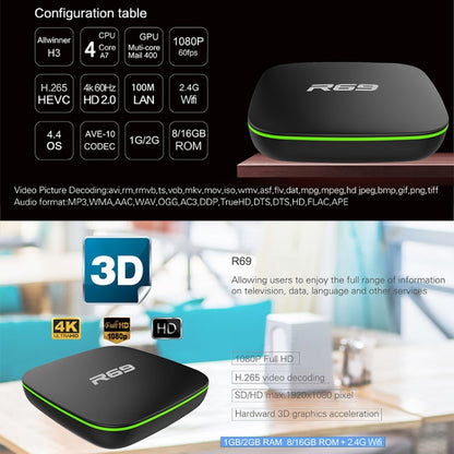 R69 1080P HD Smart TV BOX Android 4.4 Media Player wtih Remote Control, Quad Core Allwinner H3, RAM: 2GB, ROM: 16GB, 2.4G WiFi, LAN, AU Plug - Allwinner H3 by buy2fix | Online Shopping UK | buy2fix