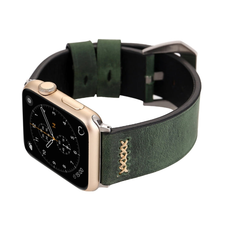 For Apple Watch Ultra 49mm&Watch Ultra 2 49mm / Series 9&8&7 45mm / SE 3&SE 2&6&SE&5&4 44mm / 3&2&1 42mm Retro XX Line Pattern Genuine Leather Wrist Watch Band(Green) - Watch Bands by buy2fix | Online Shopping UK | buy2fix