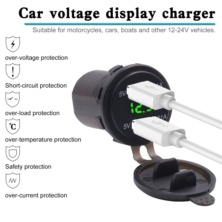 Universal Car Dual Port USB Charger Power Outlet Adapter 4.2A 5V IP66 with LED Digital Voltmeter + 60cm Cable(Green Light) - In Car by buy2fix | Online Shopping UK | buy2fix