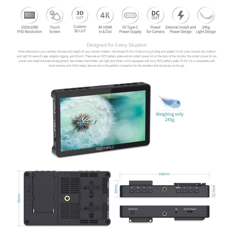 FEELWORLD F5 Pro V4 6 inch Touch Screen DSLR Camera Field Monitor 3D LUT 4K HDMI Input Output Tilt Arm - Camera Accessories by FEELWORLD | Online Shopping UK | buy2fix
