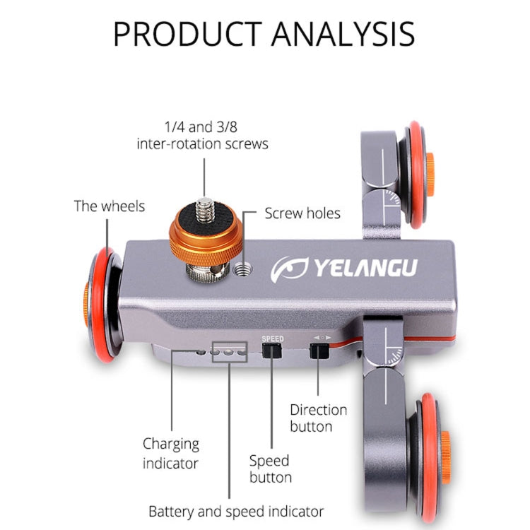 YELANGU L4X Camera 3-wheel Dolly II Electric Track Slider 3-Wheel Video Pulley Rolling Dolly Car with Remote Control for DSLR / Home DV Cameras, GoPro, Smartphones, Load: 3kg(Grey) - Camera Accessories by YELANGU | Online Shopping UK | buy2fix