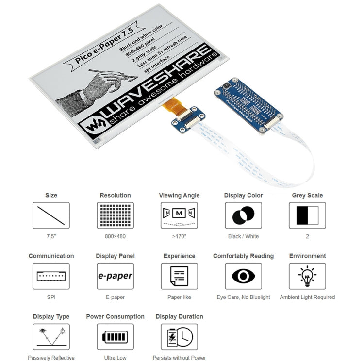 Waveshare 7.5 inch 800x480 pixel Black White E-Paper E-Ink Display Module for Raspberry Pi Pico, SPI Interface - Modules Expansions Accessories by WAVESHARE | Online Shopping UK | buy2fix